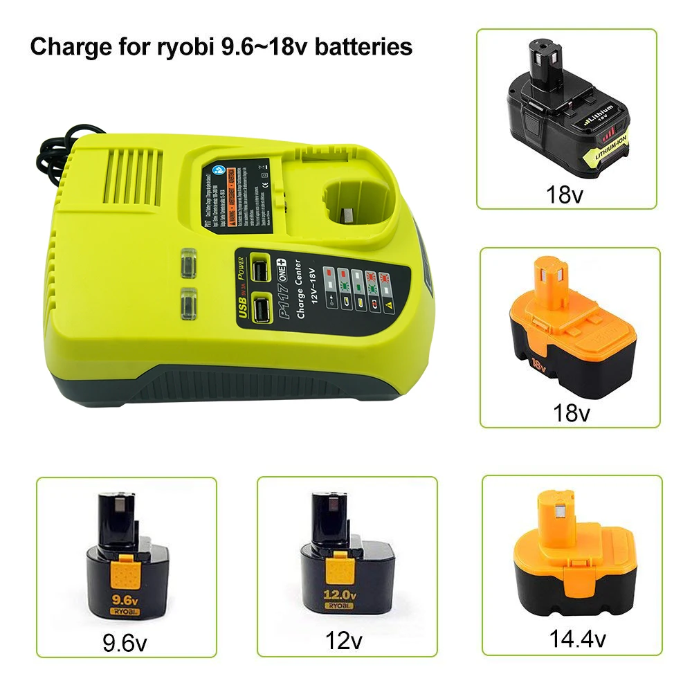 Зарядное устройство Ni Cad MH Li Ion 9 6 V 12V 14 4 18V MAX для Ryobi P100 P102 P108 RB18L40 P117 One Plus + 2 порта