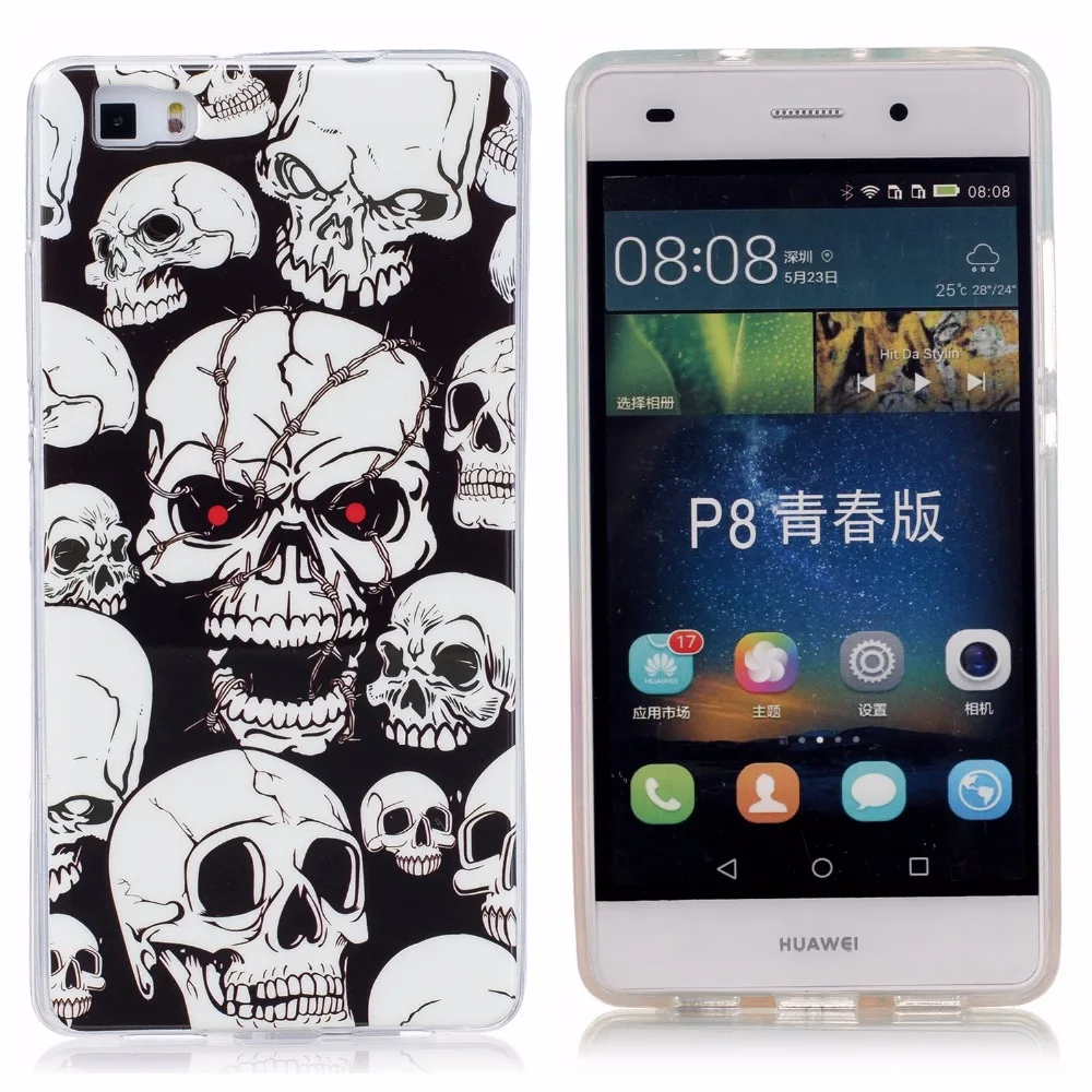 Световой Мягкие TPU Case For Huawei P8 Lite Прозрачный Цветок Жираф Бабочка Череп Крышка Для