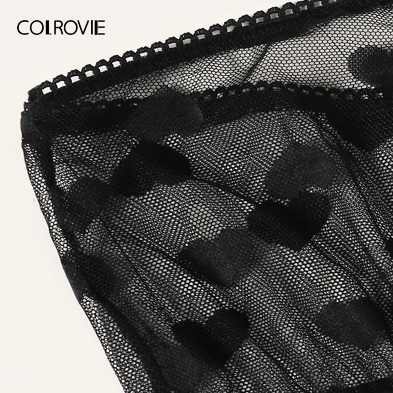 COLROVIE, черный, без бретелек, с узором в виде сердца, с оборкой, прозрачное сексуальное женское белье, набор, женское нижнее белье,, прозрачное нижнее белье, бюстгальтер и трусы