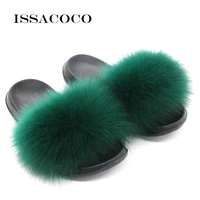 issacoco summer womens fur slippers real fox fur woman slides home furry flat sandals female cute fluffy house shoes flip flops
