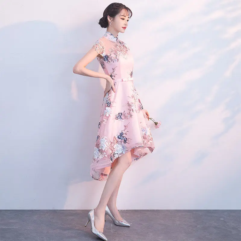 pink B Традиционное китайское платье с вышивкой, Qipao, женские вечерние платья, винтажное платье Cheongsam для женщин, невесты, короткое Кружевное платье Cheongsam, современное платье - Цвет: pink B