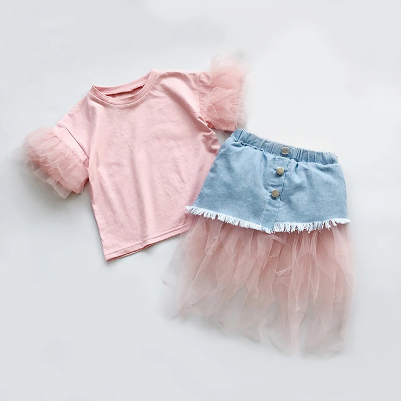 Розовый Babyinstar/Детские комплекты, футболка для девочек+ кружевное джинсовое платье принцессы 2 предмета, Изысканная одежда для девочек летняя одежда для маленьких девочек - Цвет: Розовый
