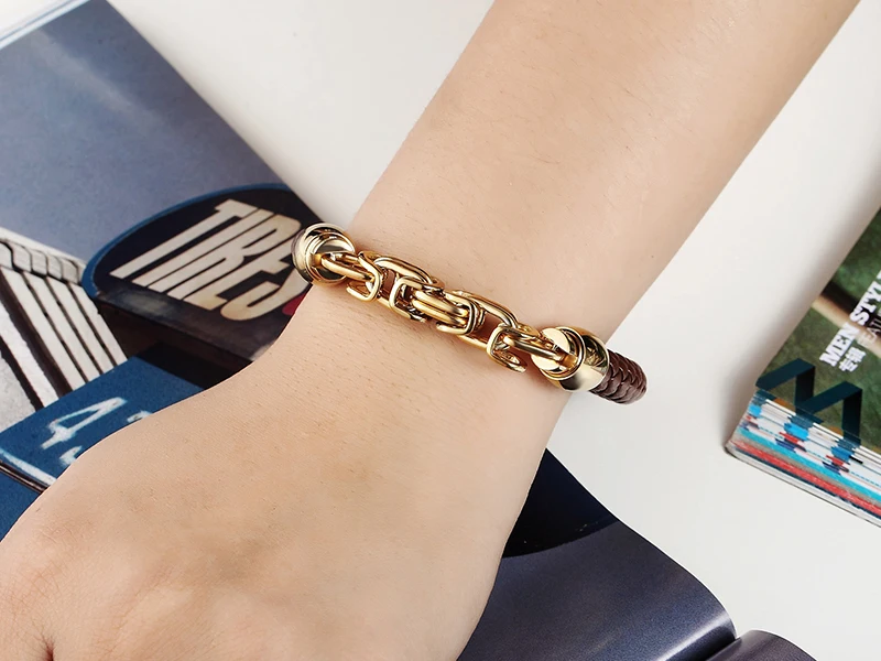 Танк цепи Нержавеющая сталь магнит bracele ювелирных Браслеты коричневый/черный кожа веревки и Цепи Браслеты с подвесками для Для мужчин панк
