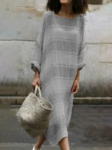 Новое модное женское хлопковое льняное Свободное длинное платье в полоску с