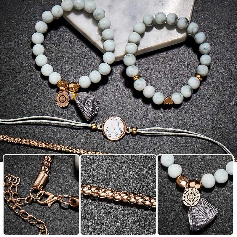SHUANGR 4 Pcs/Set Bohemian Charm Bead Bracelet Women Tassel Bangles Gold Heart Bracelets Sets Jewelry Wedding Party Gift | Украшения и