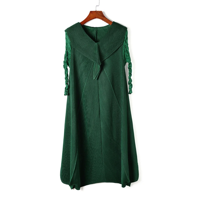Green Changpleat весна лето однотонные женские платья miяк плиссированный модный дизайн v-образный вырез большой размер эластичное женское платье Tide D9880 - Цвет: Green