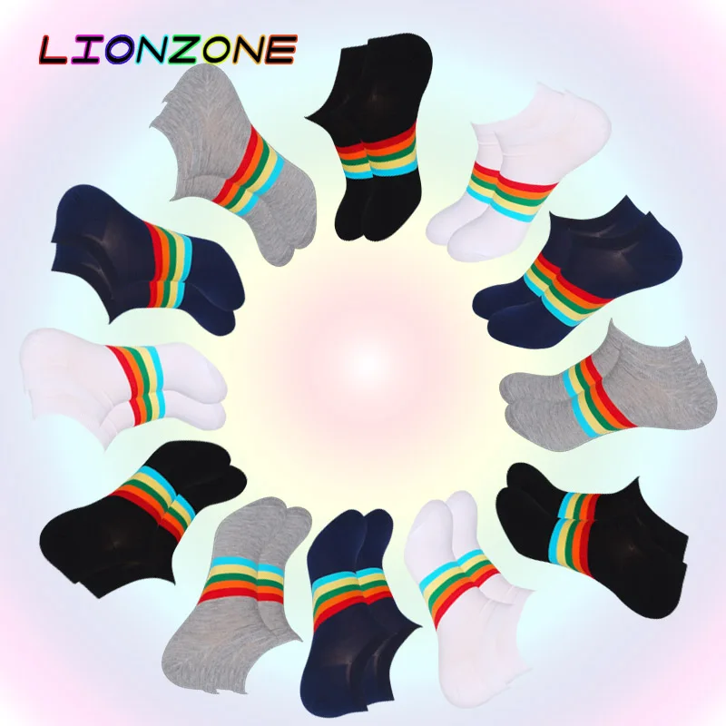 Lionzone/12 пара/лот летние тонкие носки до щиколотки мужские Нескользящие в радужную