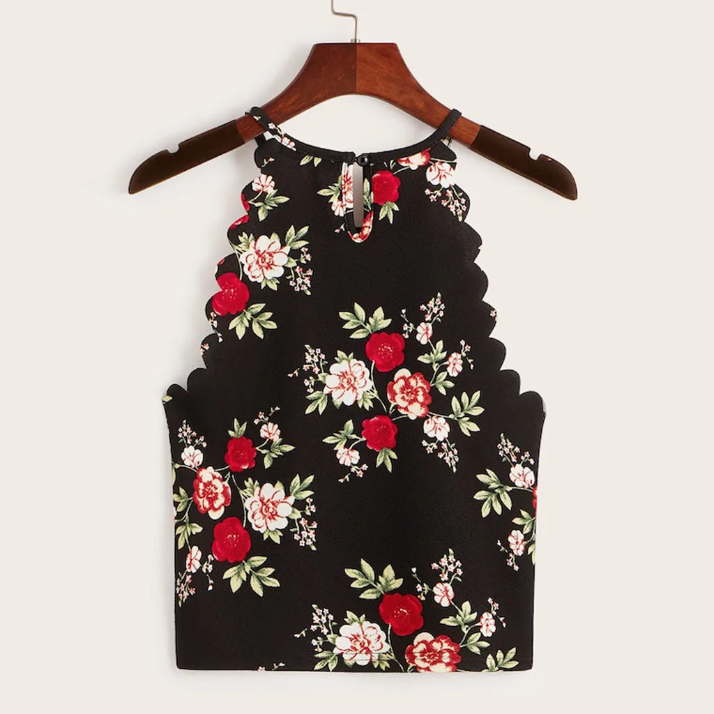 Женские топы с цветочным принтом круглым вырезом без рукавов открытой спиной