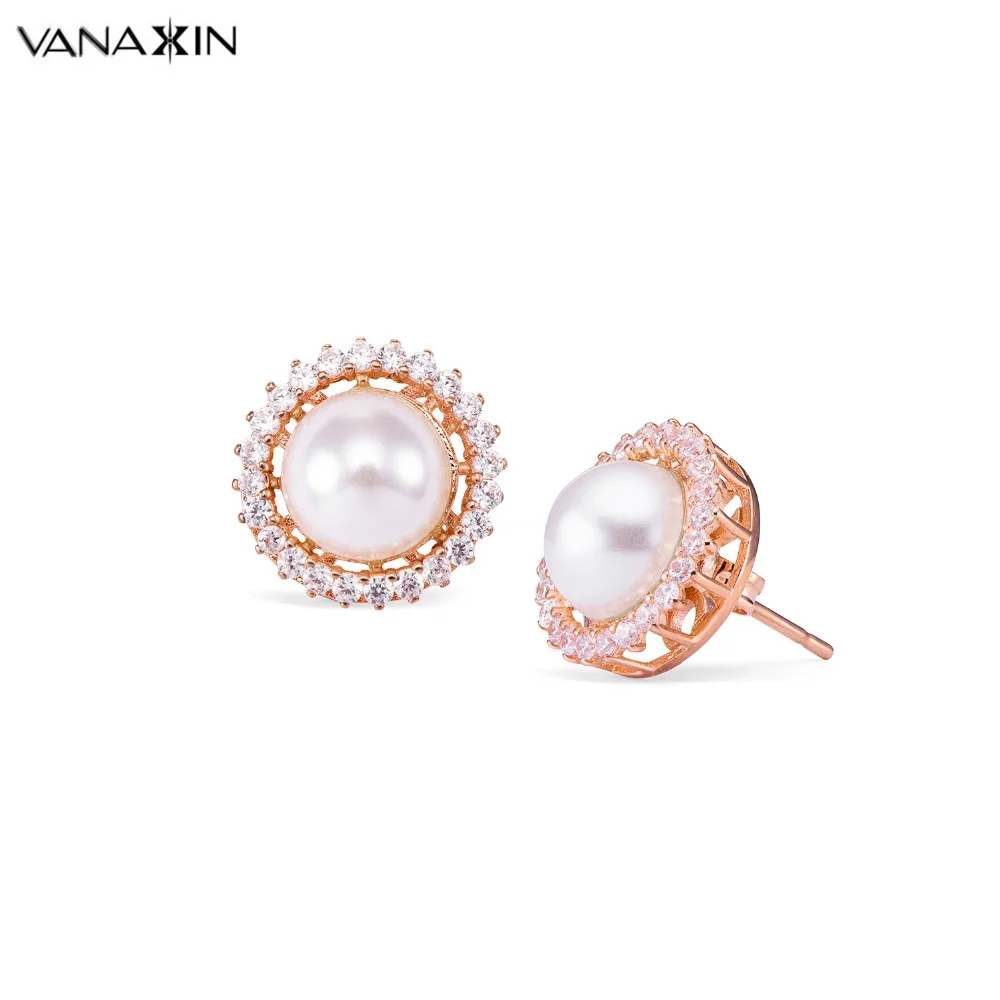 

Earring Fashion Jewelry Rose Gold Fresh Water Pearl Shiny AAA Cubic Zircon Stud Earrings For Women Charms Korean Earings