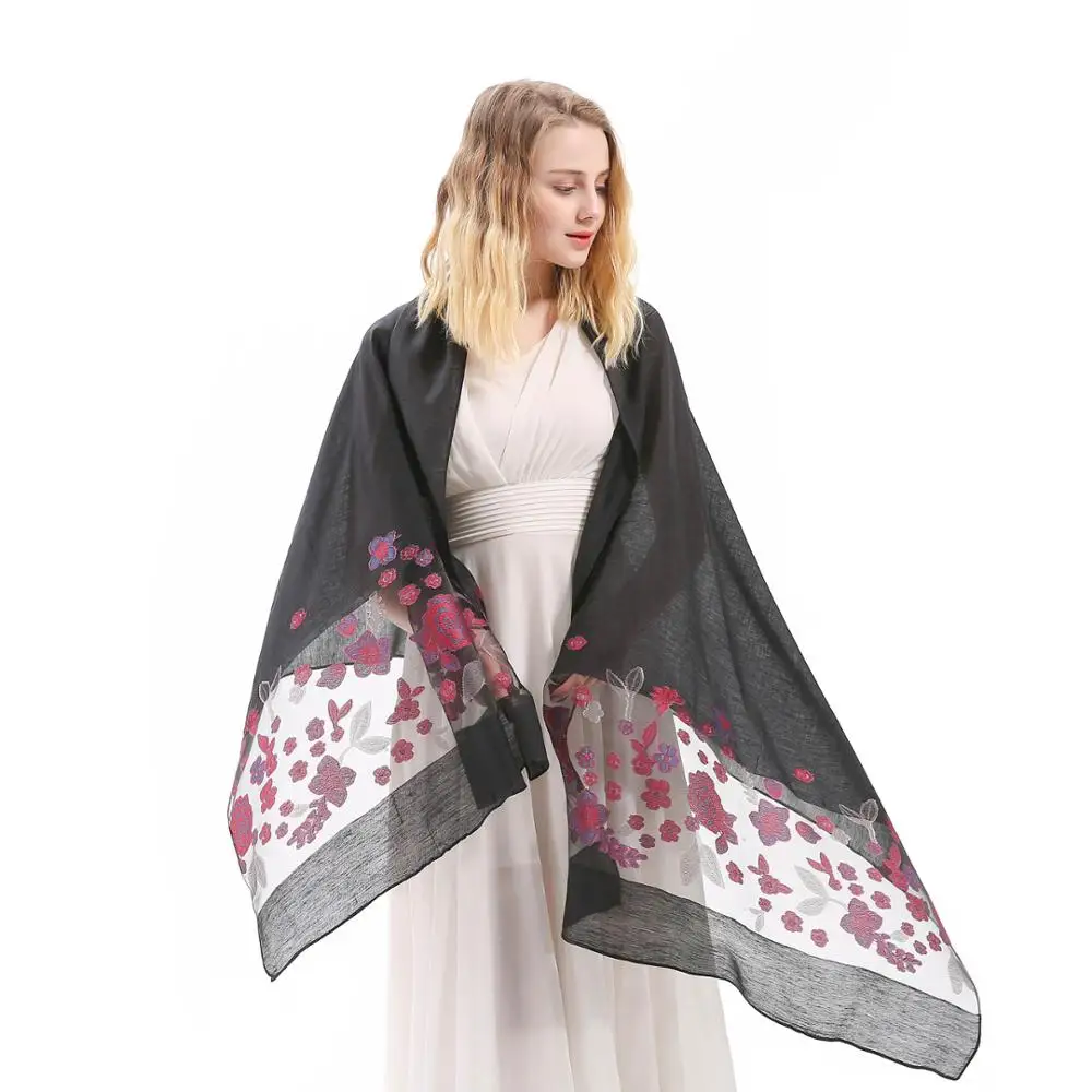 

Silk Shawl Scarf Floral Embroider Transparent Wrap Stole Hijab Top Quality Spring Summer Autumn Winter Soft Fashion Long Wine