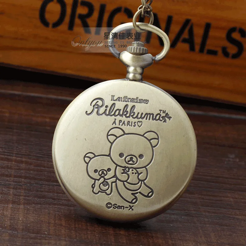 

A PARIS & Rilakkuma Strawberry Pattern Design Lovey Pocket Watch Vintage Bronze Necklace Women's Lady Men's FOB Chain Pendant
