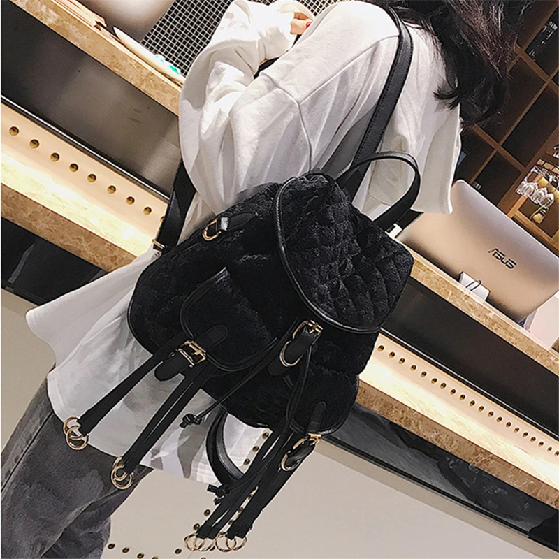 Women Winter Velvet Backpack for Teenage Girls Fashion Simple Book Bag New Backpacks Red Blue Black Casual Tassels School | Багаж и сумки