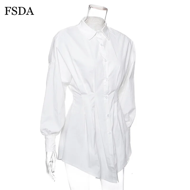 Белое Мини-Платье FSDA плиссированная туника с длинным рукавом-фонариком офисное