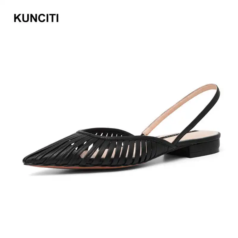KUNCITI/; босоножки на низком каблуке из натуральной кожи; женская пикантная обувь заостренная на каблуке; женские повседневные босоножки в европейском стиле; X957 - Цвет: Black
