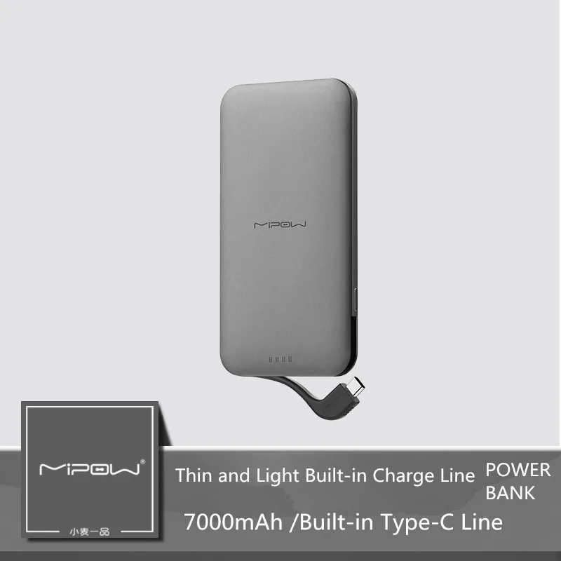 MIPOW 7000 мАч Внешний аккумулятор со встроенным кабелем type C 2A dDual Быстрая зарядка