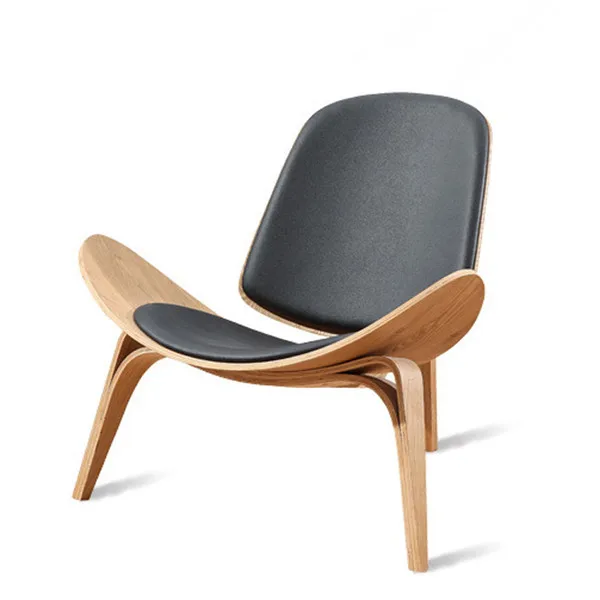 Ганс Вегнер стиль трехногий корпус стул ясень фанера черный искусственная кожа Мебель для гостиной Современная оболочка стул Реплика - Цвет: Natural black leathe