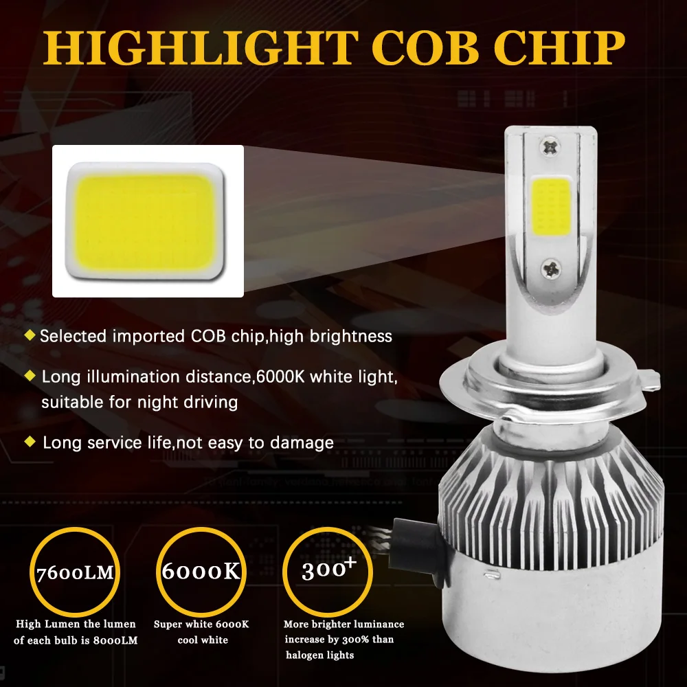 2 шт. H3 LED H7 H4 H11 H1 H8 H27 HB3 HB4 9005 9006 880 9007 светодиодная фара лампа 7600LM 6000K Авто C6