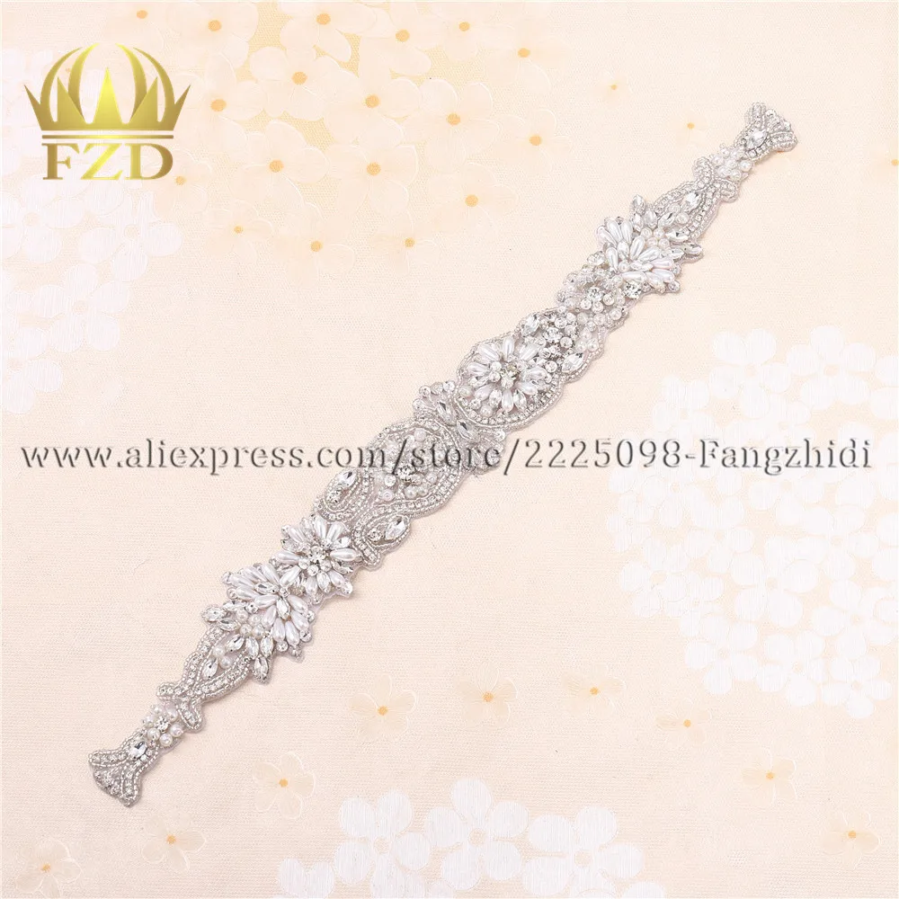 

FZD 1 Piece Handicraft Rhinestones Wedding Decoration Crystals Sew On Sash Belt Shiny Glass Appliques Motif For Fashion Clothes