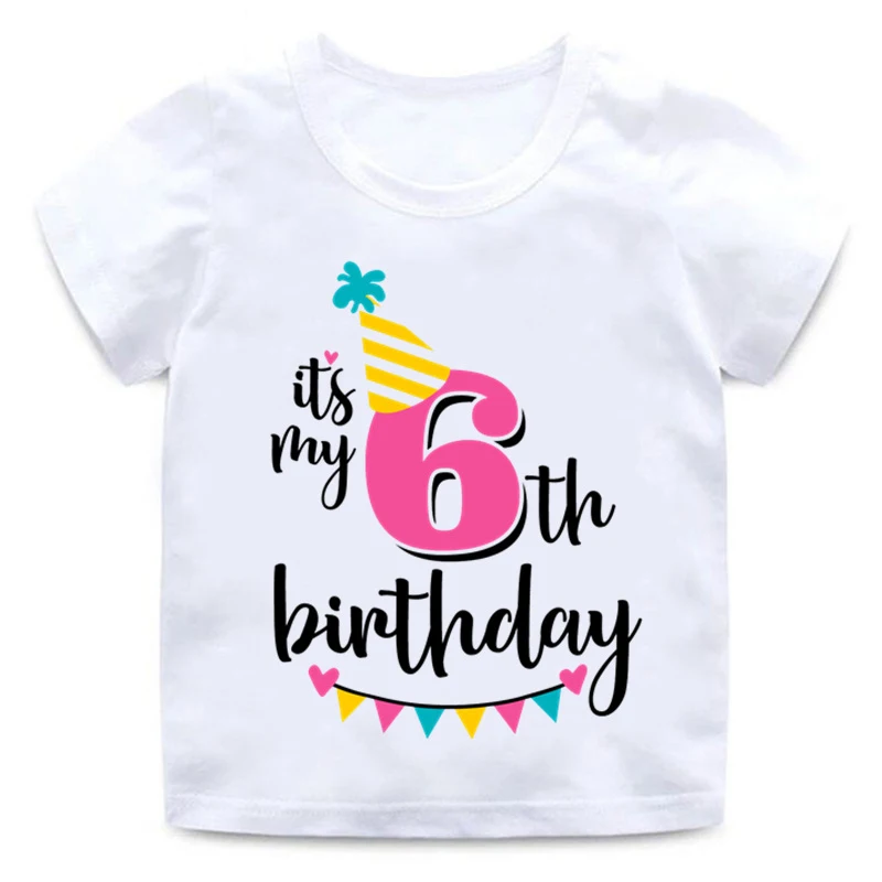Футболка с надписью «Happy Birthday» и цифрой 1-7 для девочек Милая летняя одежда для малышей Забавная детская футболка с цифрами на день рождения HKP2432