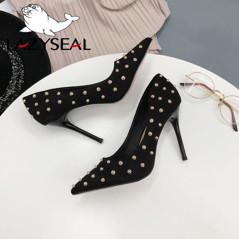 Женские туфли лодочки LazySeal 2019 заклепки шпильки обувь на высоком каблуке 10 см