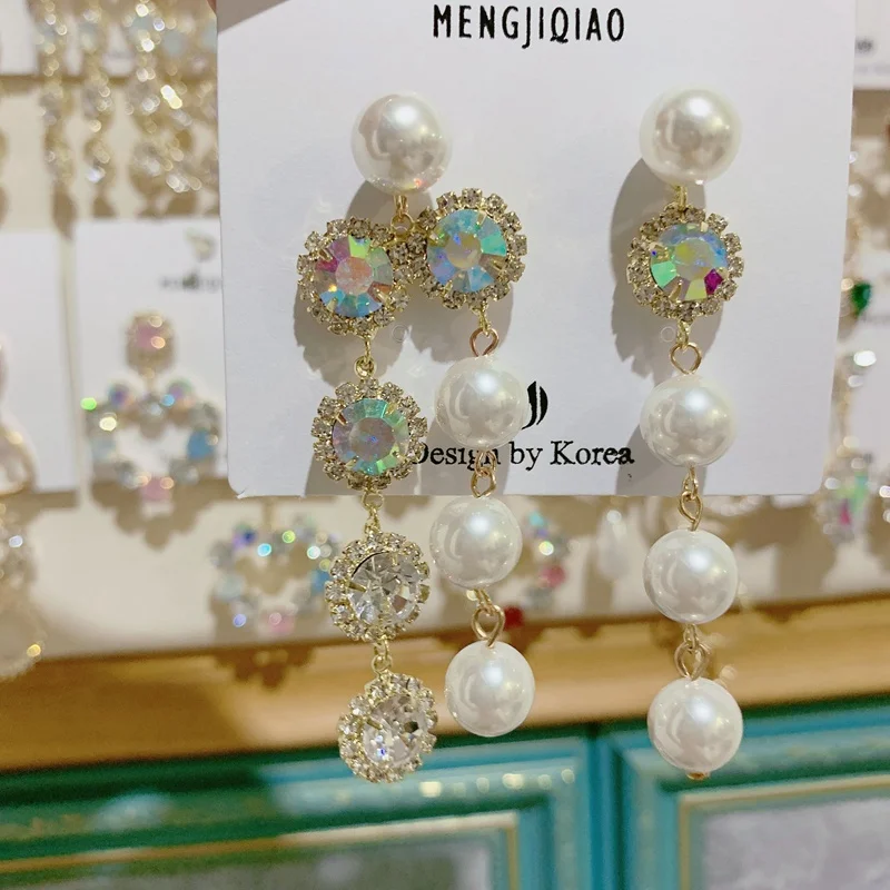 MENGJIQIAO корейские новые шикарные хрустальные серьги в форме сердца с длинной кисточкой для женщин элегантные жемчужные подвески ювелирные изделия