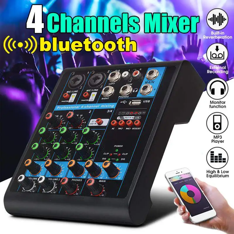 LEORY мини 4 канала аудио миксер USB bluetooth DJ звук микшерный пульт MP3 динамик для караоке усилитель сбалансированный микрофон для KTV