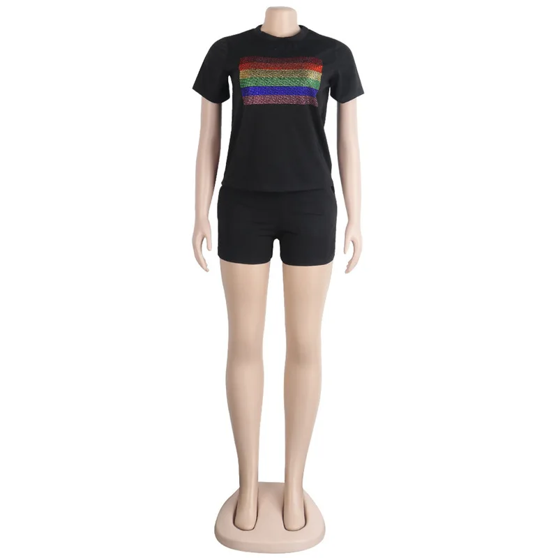 Rainbow Rhinestone Two Piece Summer Clothes for Women Short Sleeve T Shirt+ Bodycon Biker Shorts Plus Size Causal Matching Sets