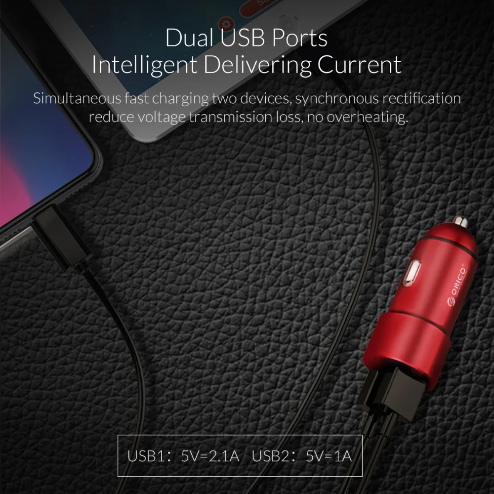 ORICO 12 Вт макс Алюминиевый мини USB Автомобильное зарядное устройство с двумя usb