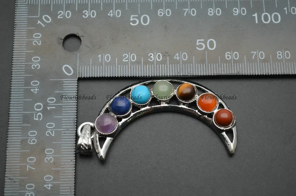 

Mix Stone Cabochons Chakra Moon Shape Metal Pendant Fashion Energy Jewelry