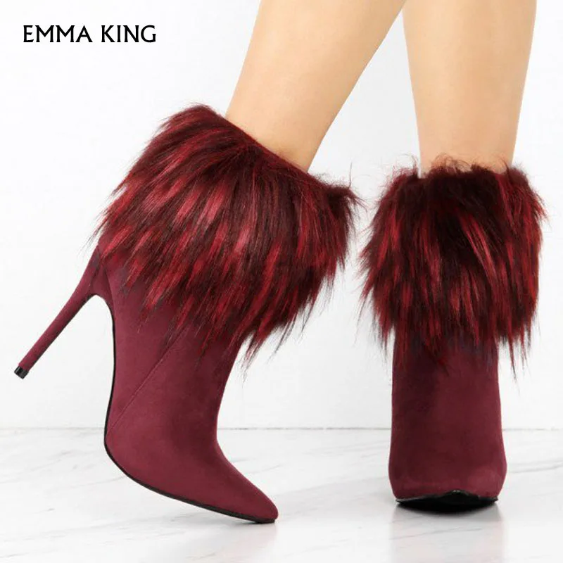 Emma king/черные/красные модные ботинки на меху замшевые ботильоны шпильке с острым