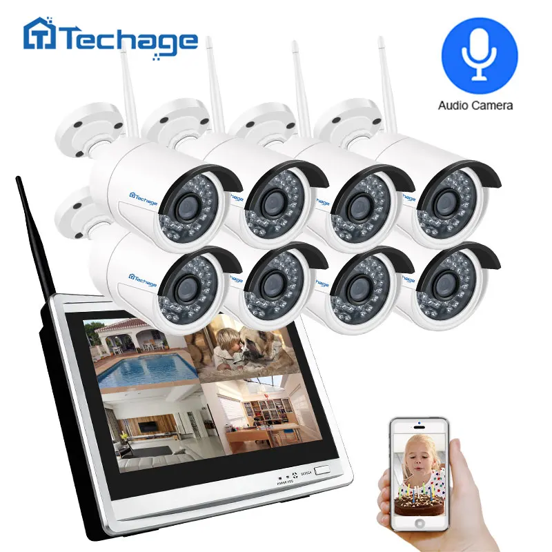 Techage 8CH 1080P Беспроводная система охранной камеры 12 &quotЖК экран Wifi NVR 2MP наружная