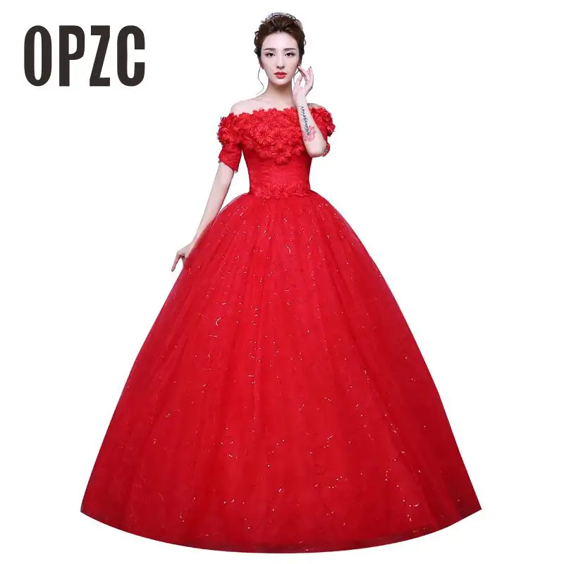

Женское свадебное платье с коротким рукавом, белое или красное бальное платье в Корейском стиле с вырезом лодочкой и цветами, модель M0803, 2020
