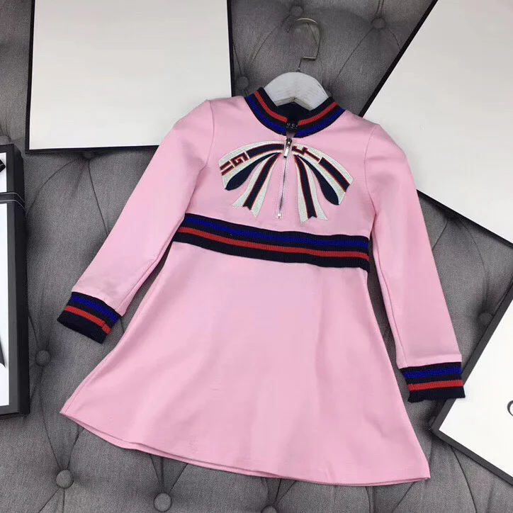 Fashion luxury brand designer style girl dress 3 years A-line full Sleeve Bow Embroidery children princess dresses for girls | Детская