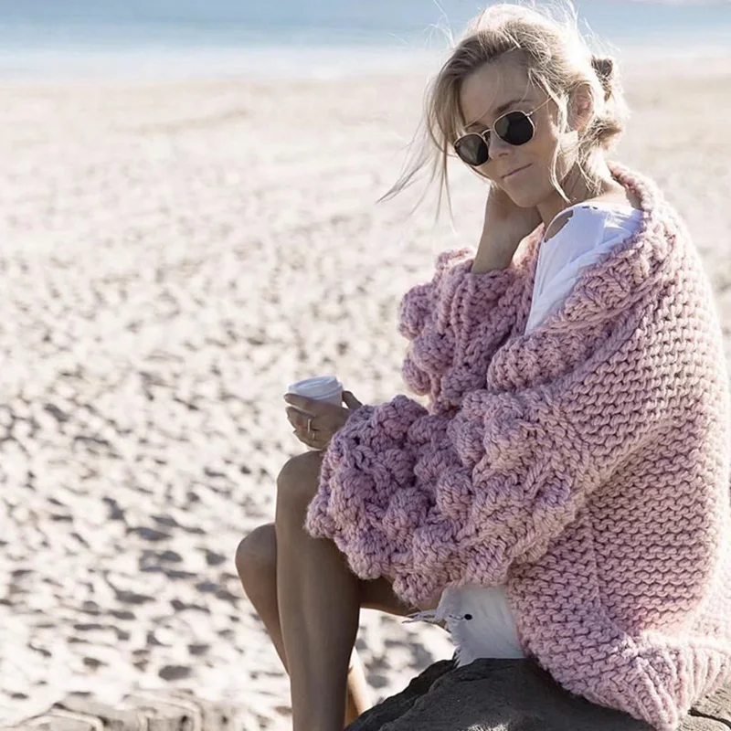 Winter Women's Thick Cardigan Sweater Coat Wool Handmade Woven Shawl High Street Style Warm Pink |