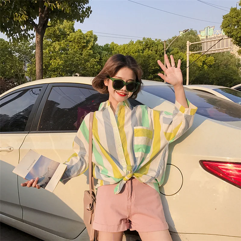 Summer New 2018 SweetLovely Fashion personalized Full Blouses Chic Women Loose Striped Print Notchedc Shirt Cute FemaleZQ142 |