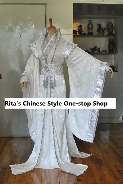 

1635 Ta Ge Silver White Wide Sleeve Male Costume Hanfu for Men TV Play Costume Stage Performance or Photography Costume for Men