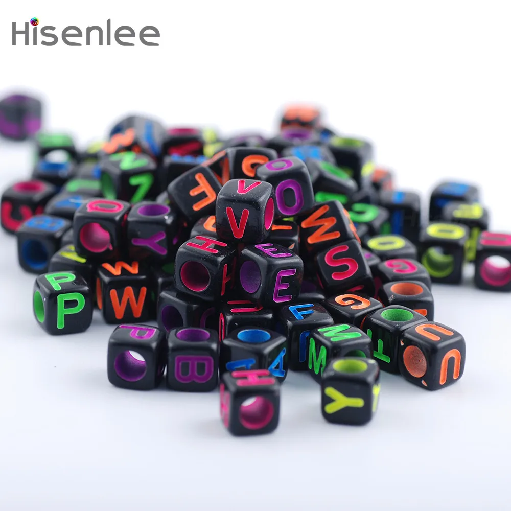 Black florescent Hisenlee, высокое качество, 200 шт./лот, 6x6 мм, бусины с черными буквами, сделай сам, свободные кубик алфавита, бусины для прорезывания зубов, ожерелья и соски, клипсы - Цвет: Black florescent