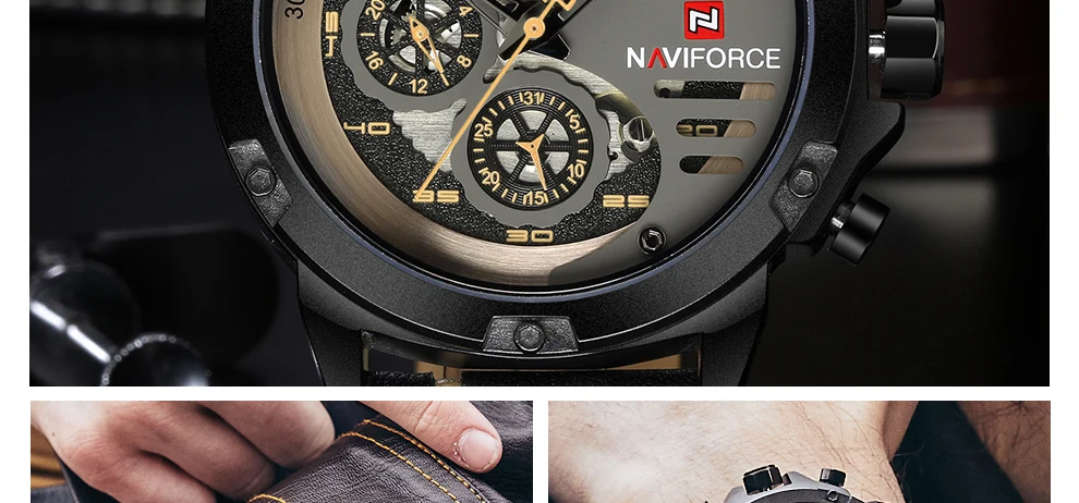 NAVIFORCE Для мужчин модные креативные Кварцевые наручные часы Водонепроницаемый кожаный ремешок спортивные часы Повседневное часы мужской Relogio Masculino