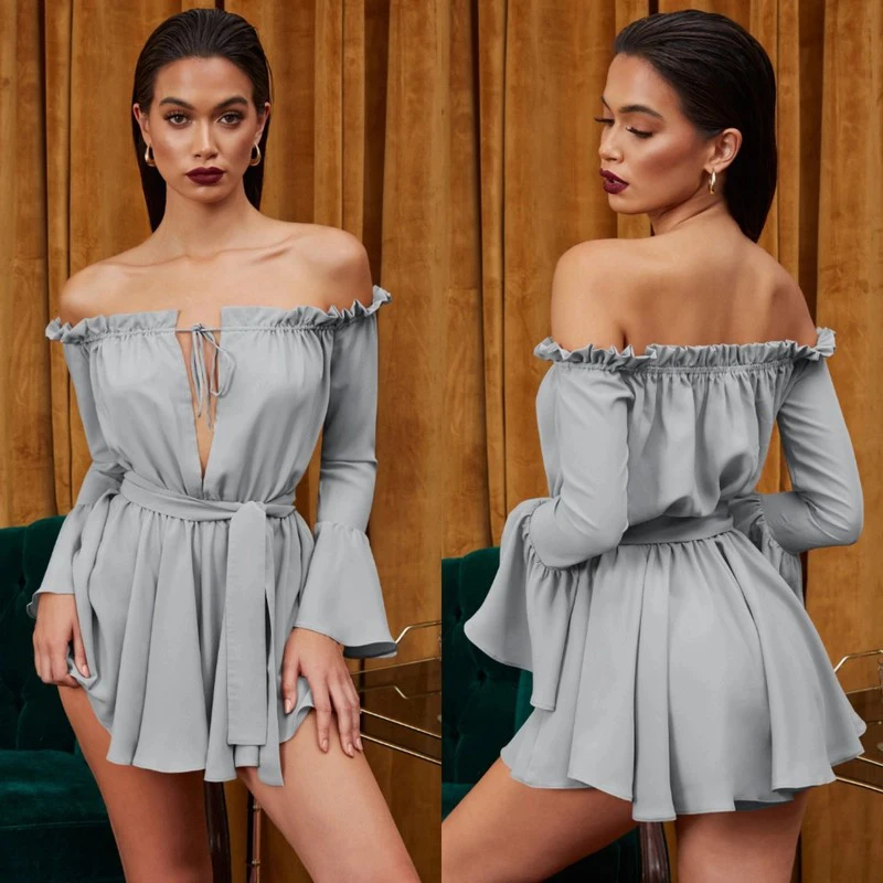 Boho шифоновое пляжное Летнее мини-платье с рюшами рукавами-колокольчиками и