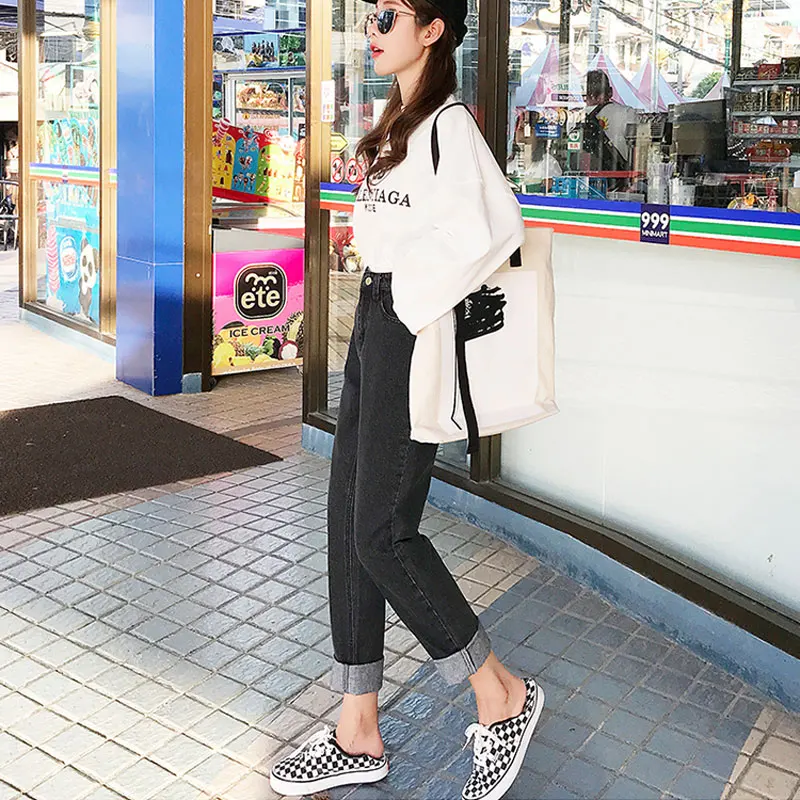 2019 spring new women's clothing high waist loose thin nine points wide leg jeans autumn solid color wild women straight trouser |