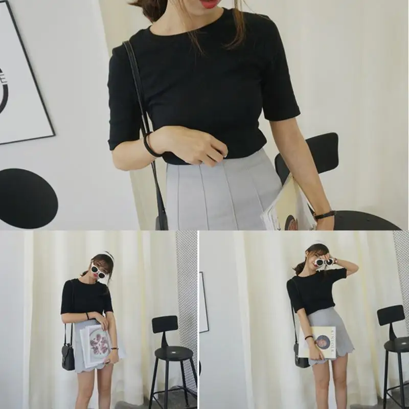 Женская футболка с круглым вырезом однотонная облегающая Повседневная коротким