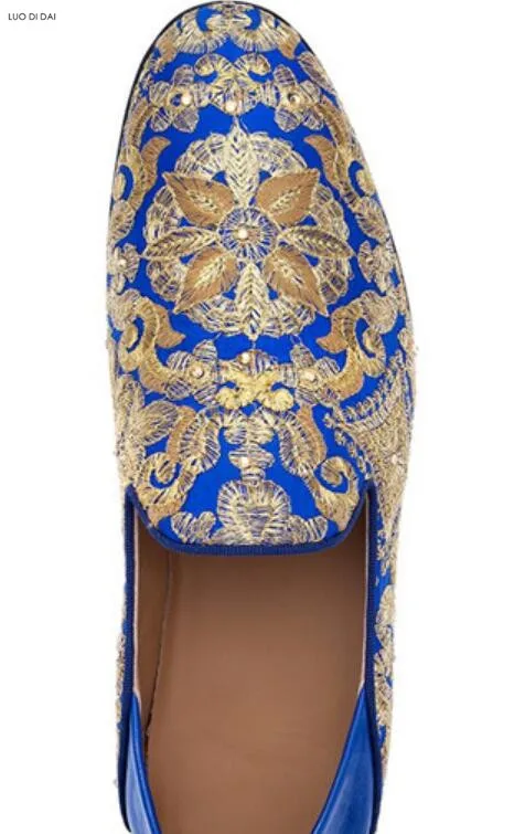 2019 Royal Men party shoes blue casual flowers embroidery lazy vintage style Boat slip on smoking loafers | Обувь