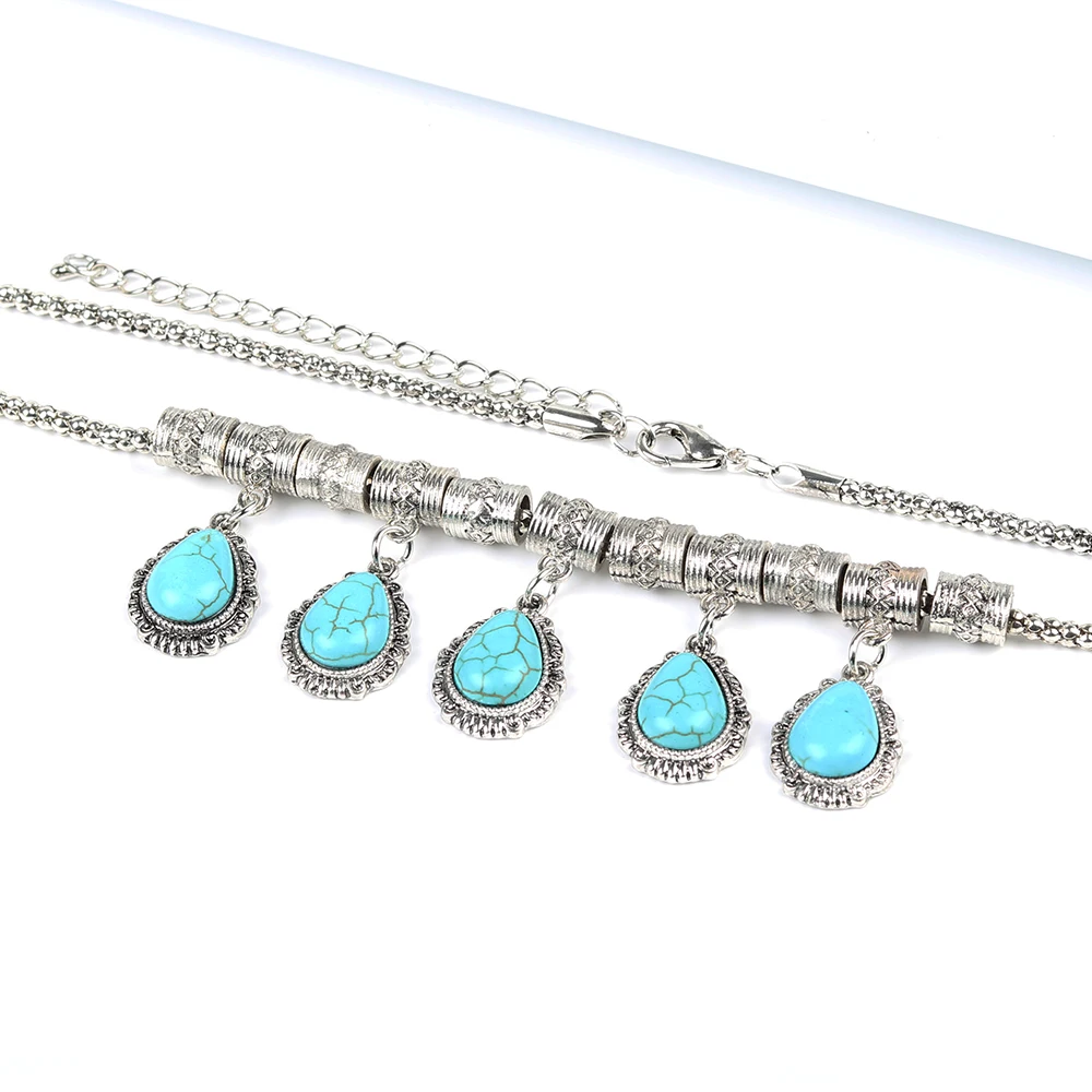Parabola Created Turquoise Water Drop Choker Pendant Earrings and Necklace Jewelry Sets Silver Color for Women Girl ZSS0001 | Украшения и