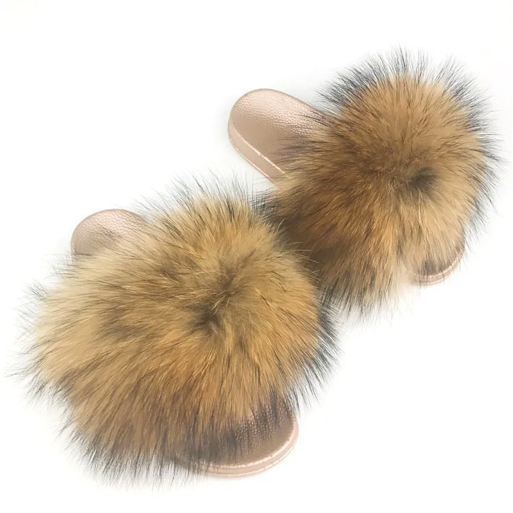 2019 real Red Raccoon Fur Sandals Women Slides Fox Hair Flat Fluffy Fashion Home Summer Big Size Natural Furry Flip Flops Shoes images - 6