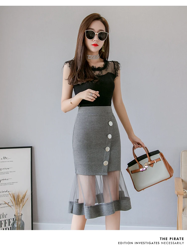 S-5XL New Women Skirt High waist Mesh patchwork Mermaid Skirt Slim Sexy Pencil Skirt Elegant button Office Ladies Skirts