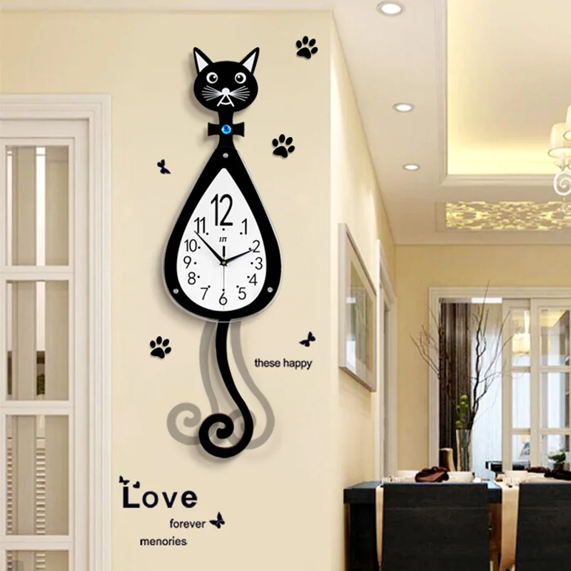 Мультяшные деревянные настенные часы lucky cat для гостиной, бесшумные часы, креативные современные домашние часы, модные декоративные кварцевые часы, горячая распродажа
