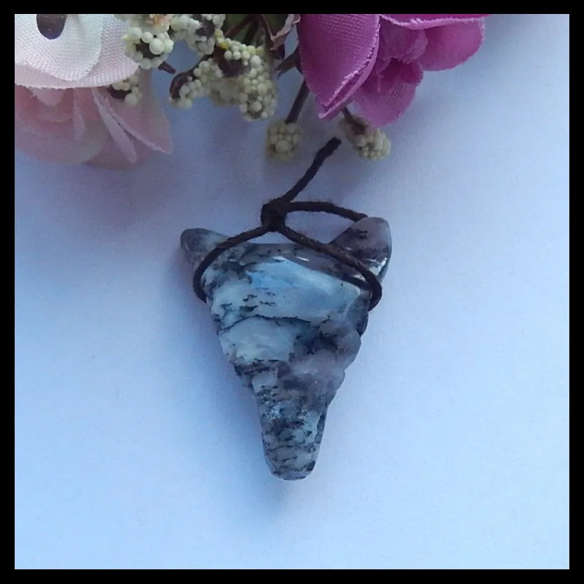 

Semiprecious stone jewelry,wholesale gemstone,Carved wolf head Arborization Opal Pendant Bead,31x24x10mm,6.8g