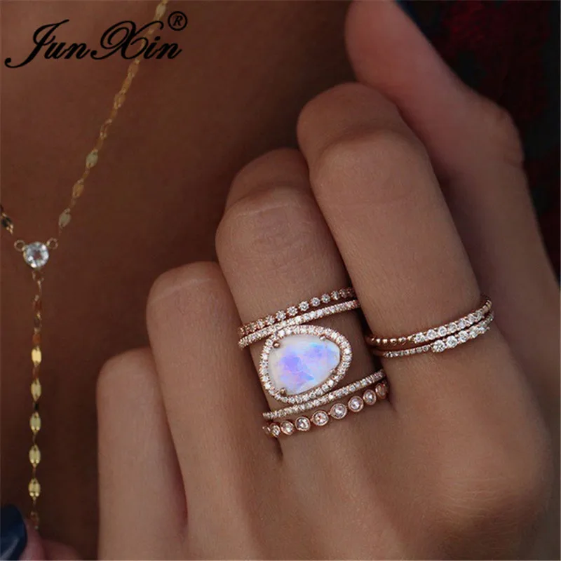 JUNXIN Бохо Rainbow опал кольца для Для женщин Для мужчин серебро/14KT Rose Gold Filled Овальный Лунный камень кольцо женские свадебные стекируемые миди кольцо