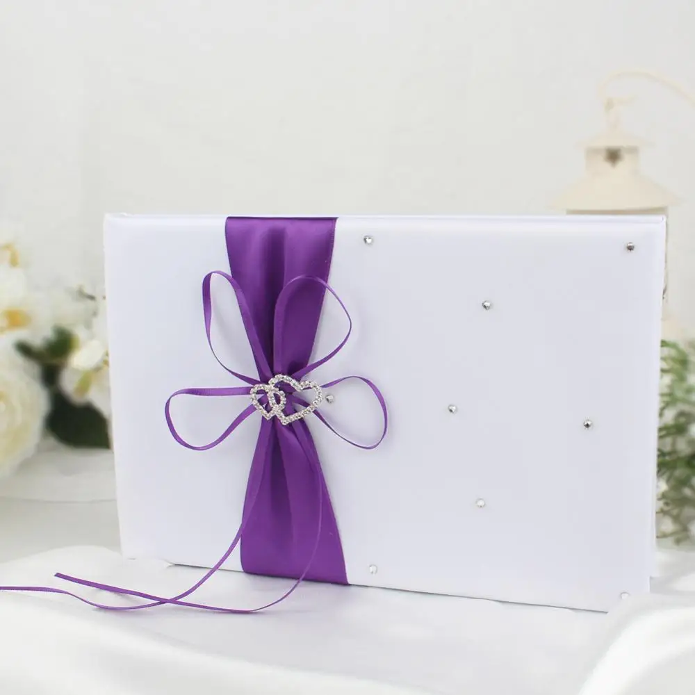 Фиолетовый OurWarm атласная Свадебная Гостевая книга 25x16 см двойное сердце подарки для причастия сувениры с Стразы Декор Высокое качество - Цвет: Фиолетовый