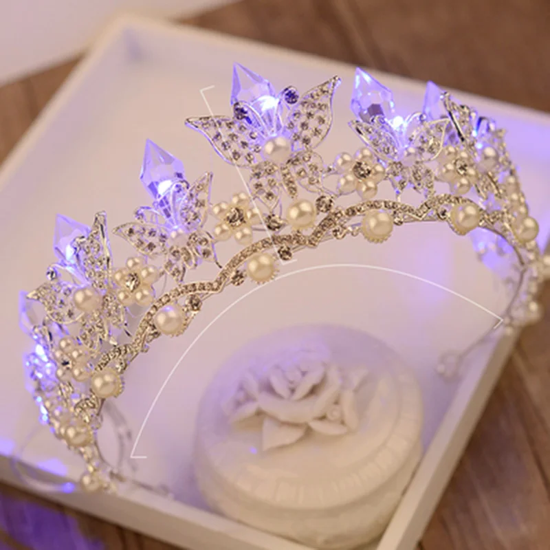 Свадебная тиара и корона светодиодная принцессы жемчужина Стразы Хрусталь 18